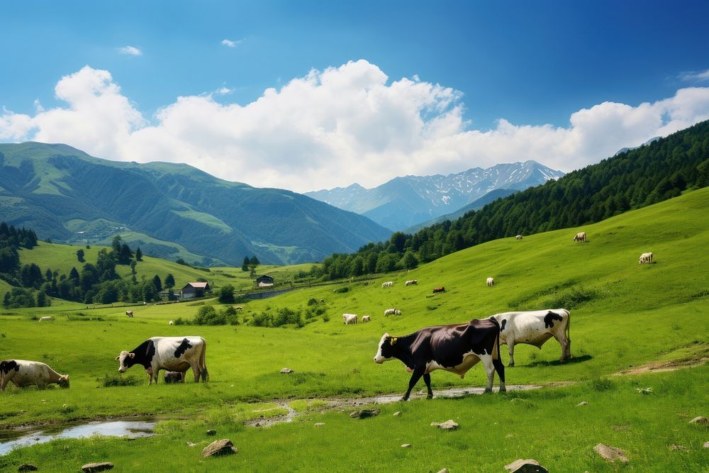 Cows grazing peacefully landscape grassland livestock. AI generated Image by rawpixel.