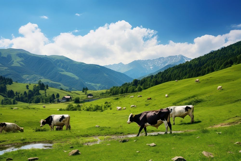 Cows grazing peacefully landscape grassland livestock. 