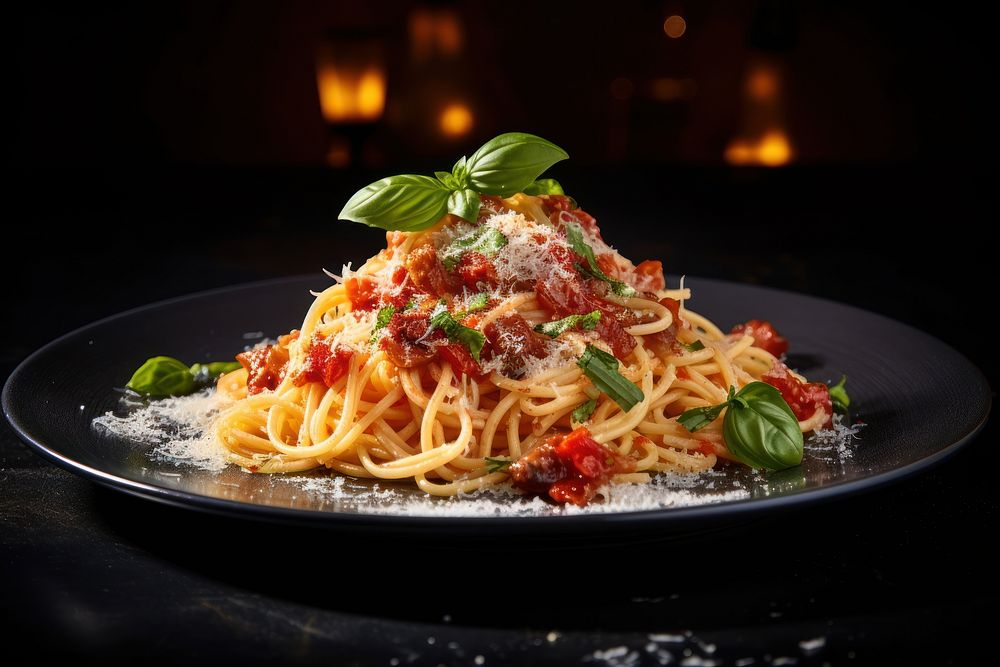 Italian spaghetti pasta plate cheese basil. AI generated Image by rawpixel.