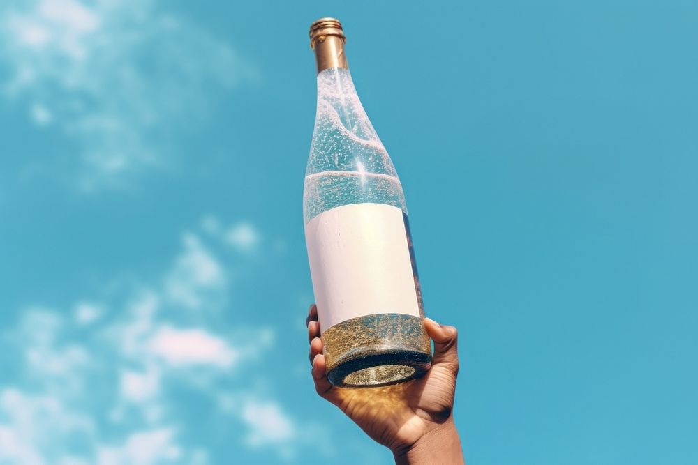 Champange bottle holding hand sky. AI generated Image by rawpixel.