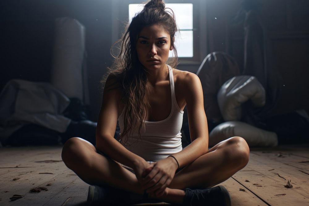 Tired woman boxing sitting portrait worried. AI generated Image by rawpixel.