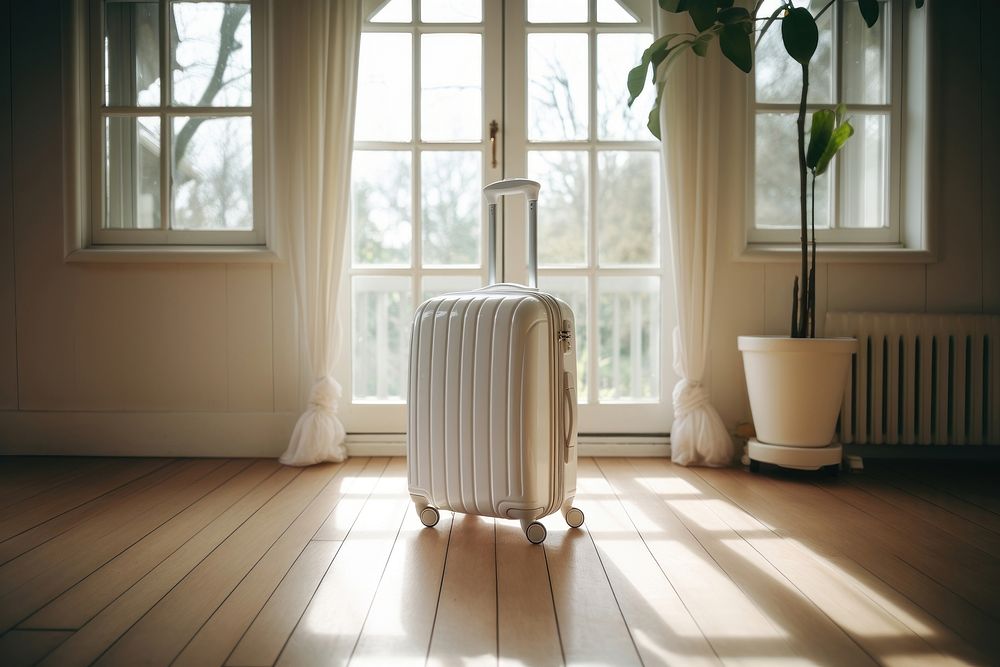 White travel suitcase near luggage window architecture. AI generated Image by rawpixel.