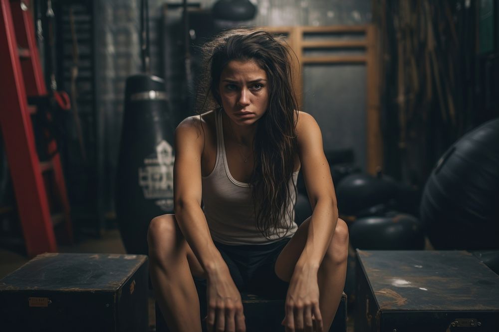 Woman boxing excercise portrait worried sitting. AI generated Image by rawpixel.