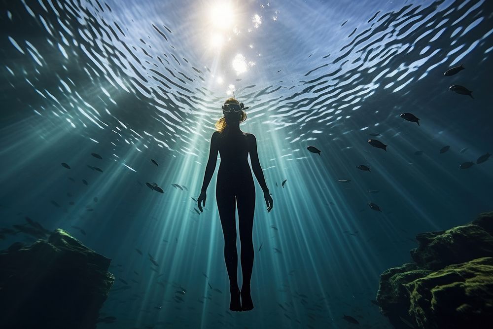 Woman freediving underwater adventure swimming. 