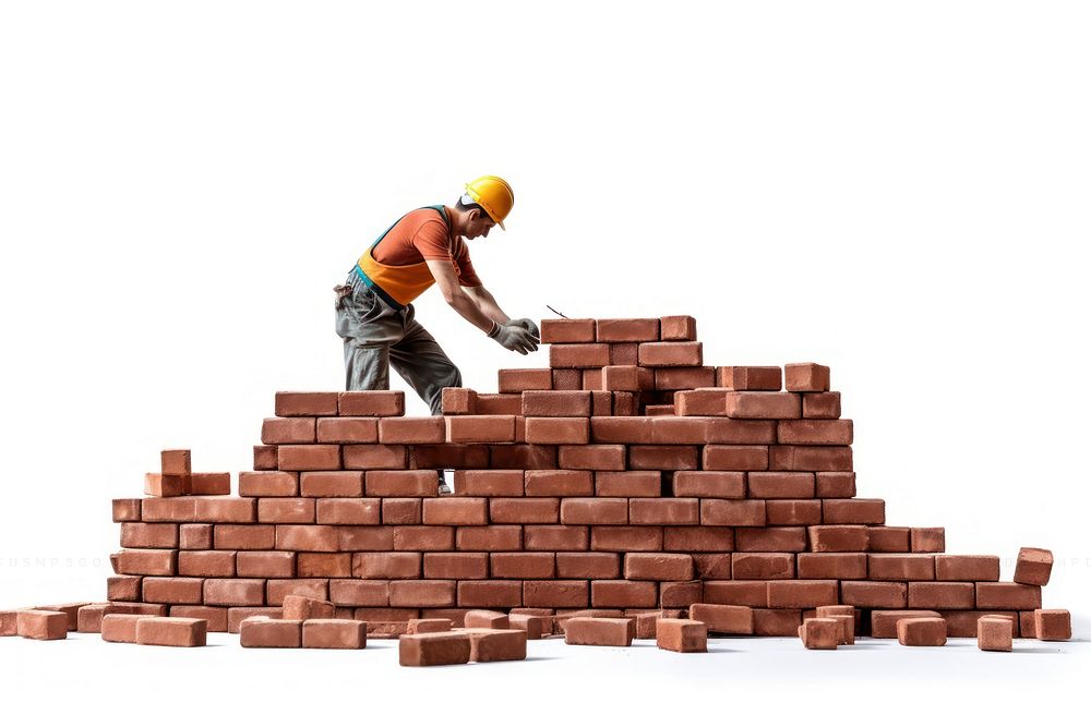 Worker build a brick wall construction white background architecture. AI generated Image by rawpixel.