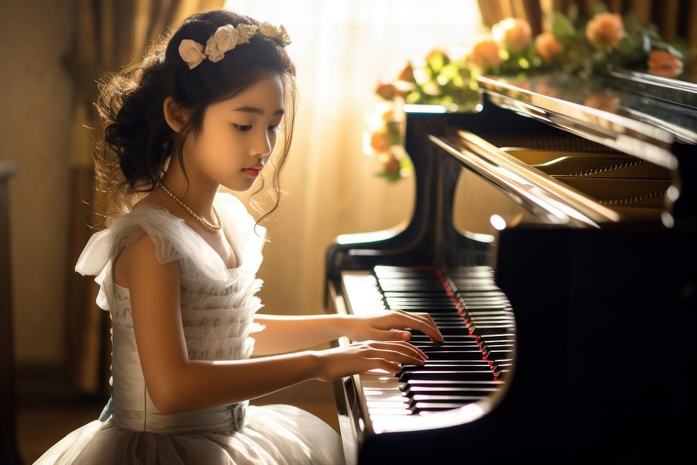 Young asian girl playing piano keyboard musician pianist. AI generated Image by rawpixel.