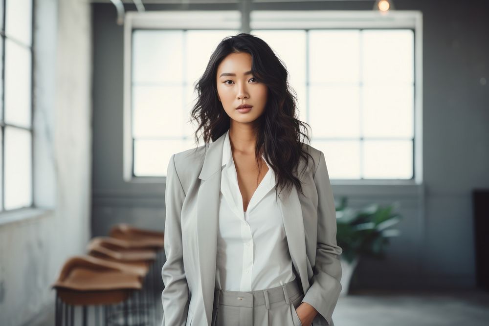 White suit standing blazer office. 