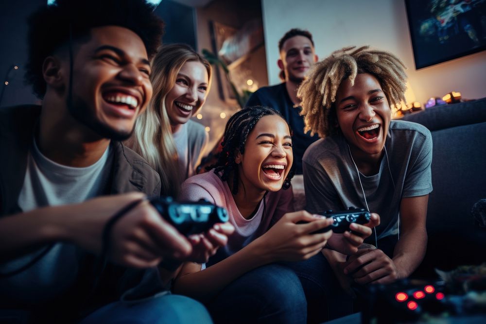 Playing video game laughing adult togetherness. AI generated Image by rawpixel.