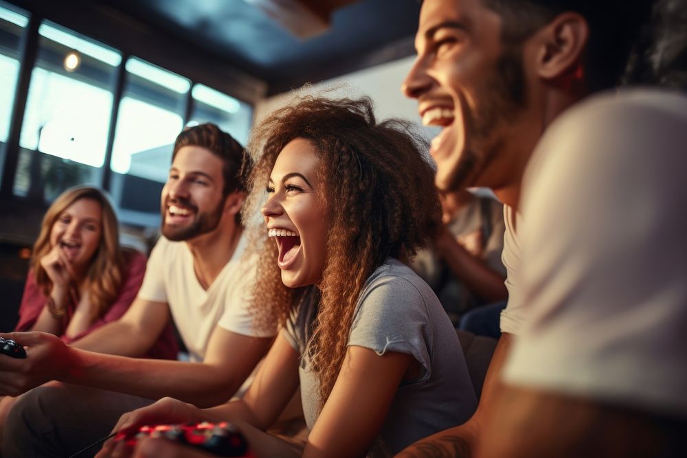 Playing video game laughing adult togetherness. AI generated Image by rawpixel.