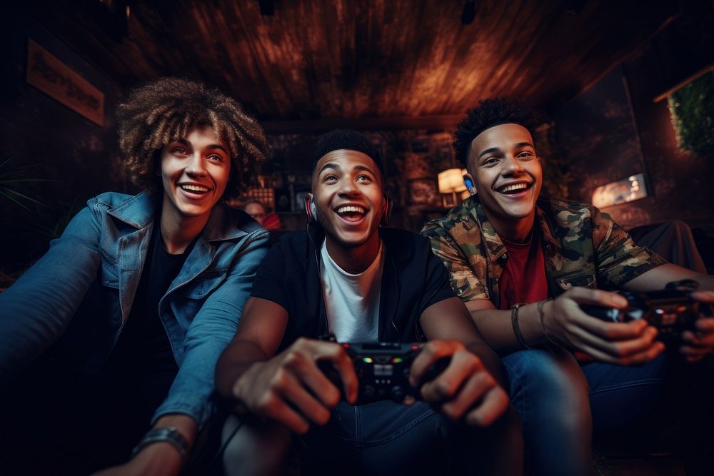 Playing video game laughing adult togetherness. AI generated Image by rawpixel.