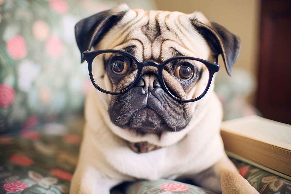 Dog wearing glasses animal mammal puppy. 