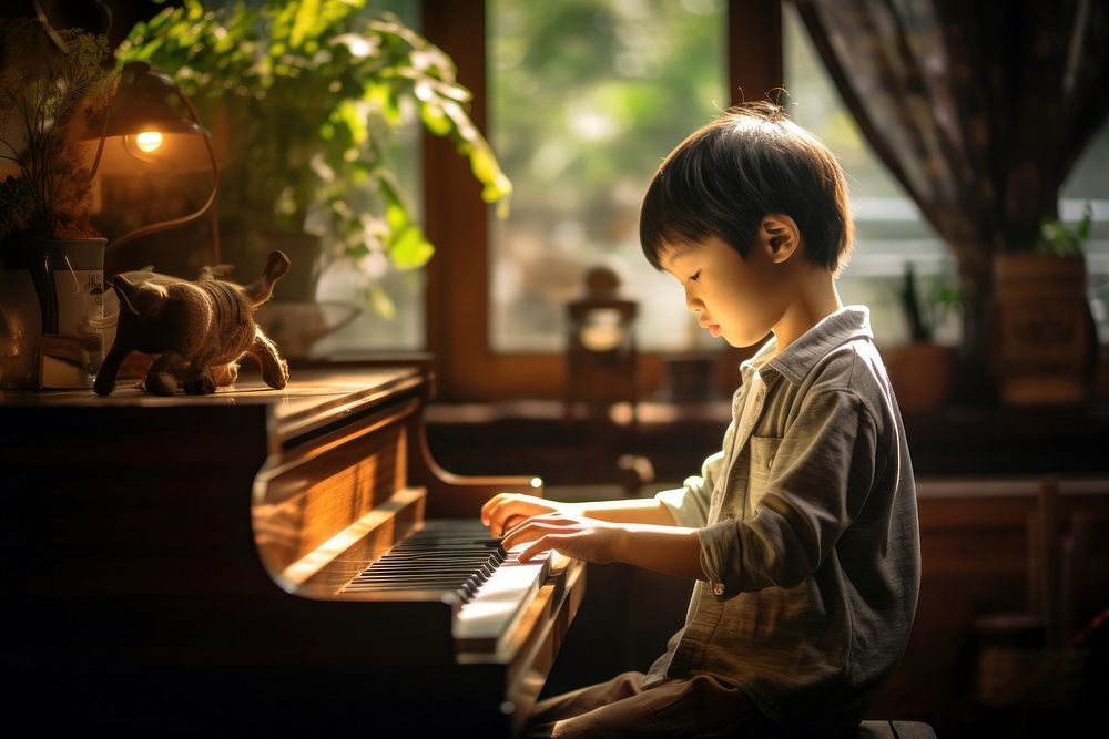 Little asian boy playing piano keyboard musician pianist. AI generated Image by rawpixel.