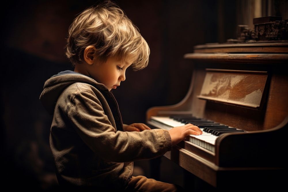 Little boy playing piano keyboard musician pianist. AI generated Image by rawpixel.