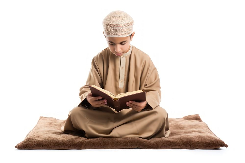 Reading quran sitting white background cross-legged. AI generated Image by rawpixel.