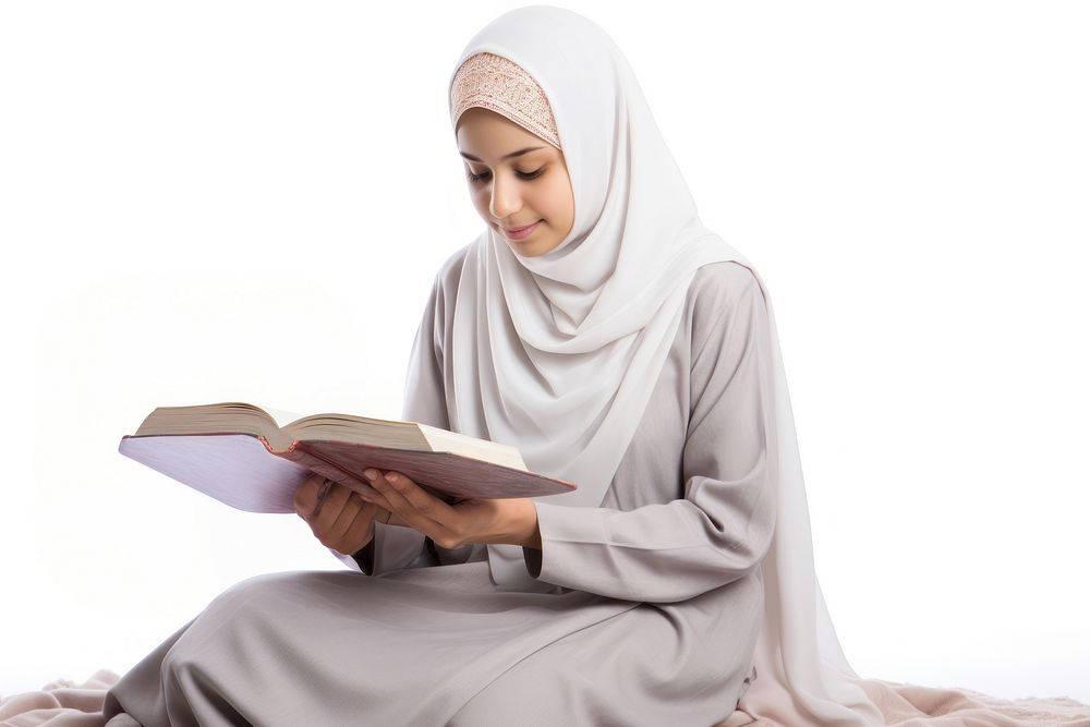 Reading quran sitting adult white background. AI generated Image by rawpixel.