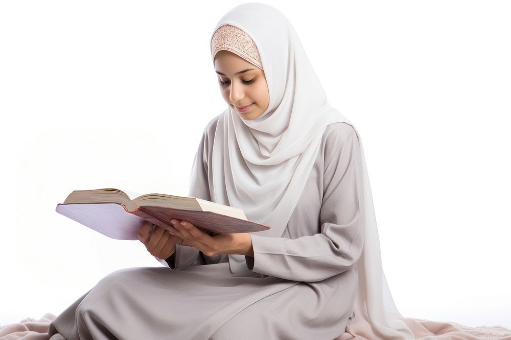 Reading quran sitting adult white background. 