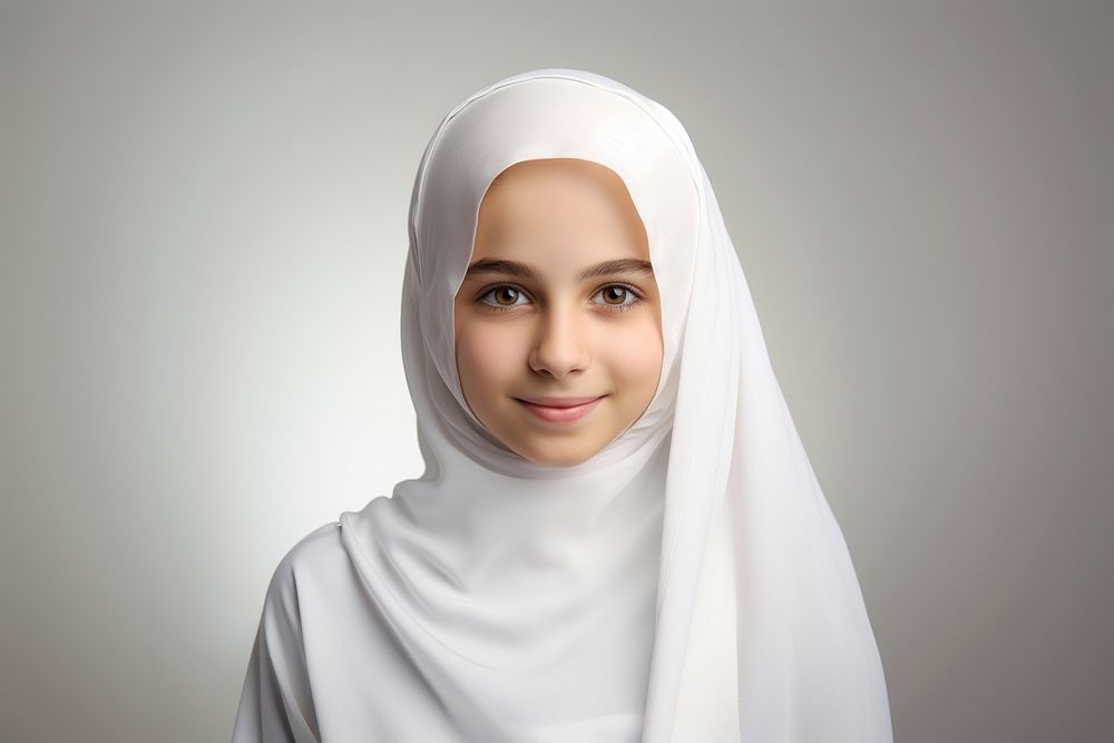 Muslim young girl portrait white smile. 