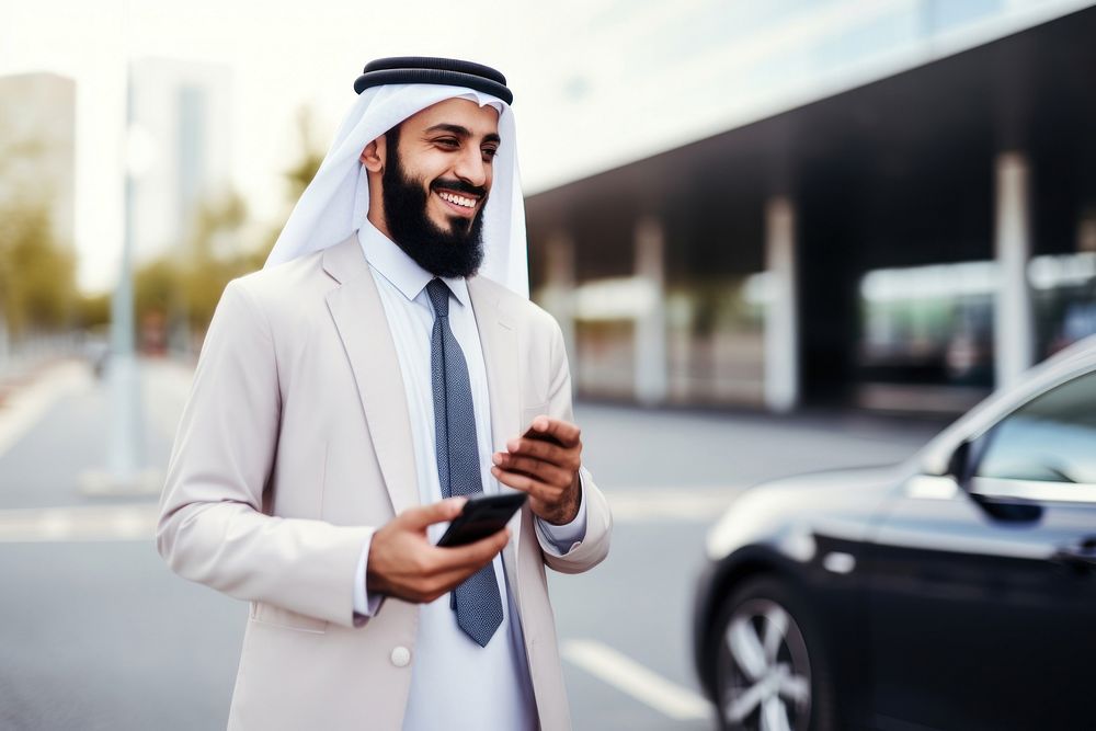 Arab man wearing suit car standing vehicle. 