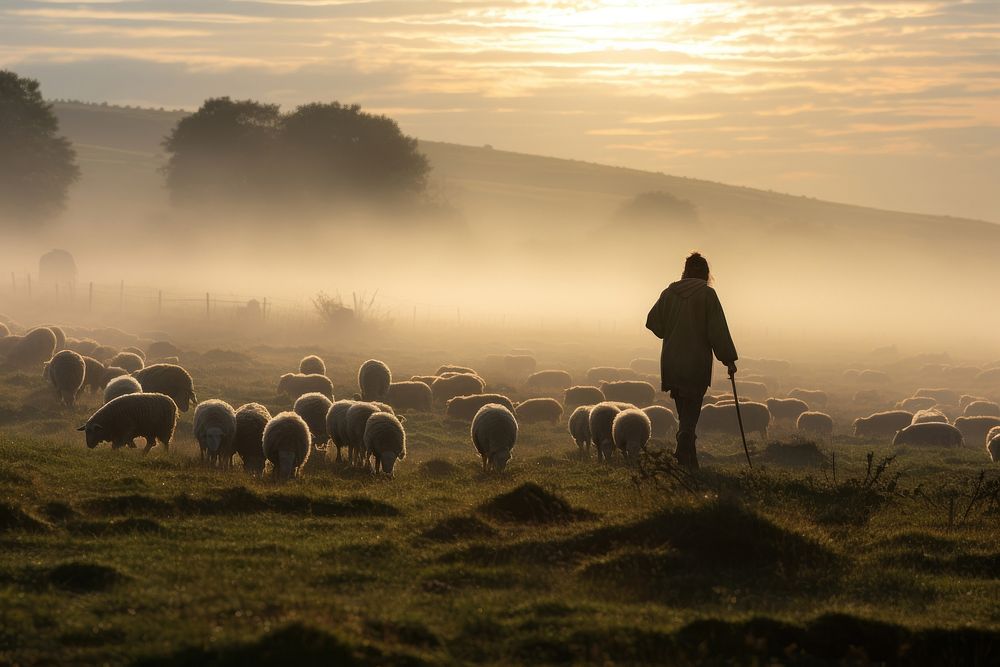 Shepherd guiding sheep grassland livestock. 