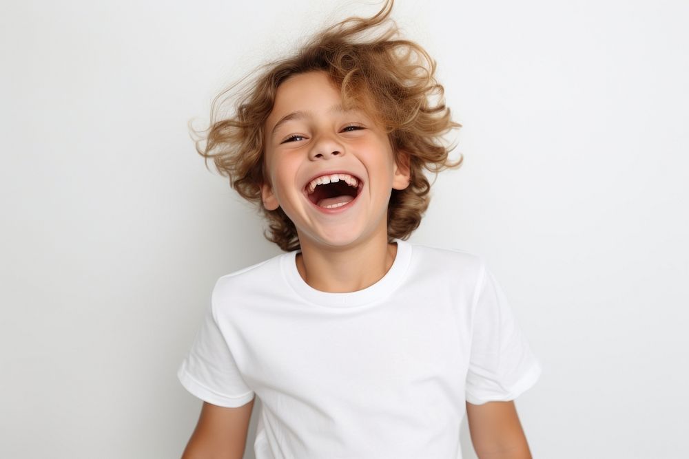 White t-shirt laughing child happy. AI generated Image by rawpixel.