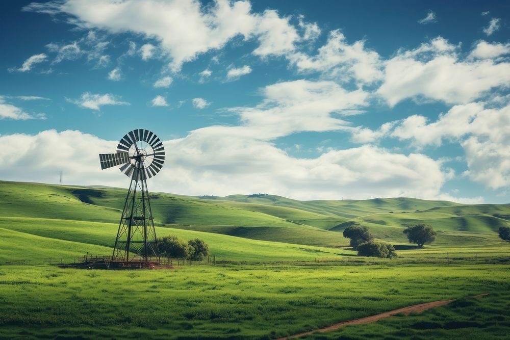 Old windmill landscape grassland outdoors. AI generated Image by rawpixel.