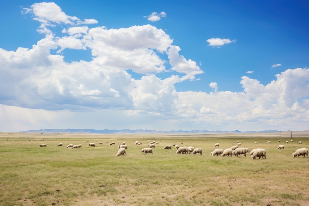 Blue sky livestock grazing animal. AI generated Image by rawpixel.