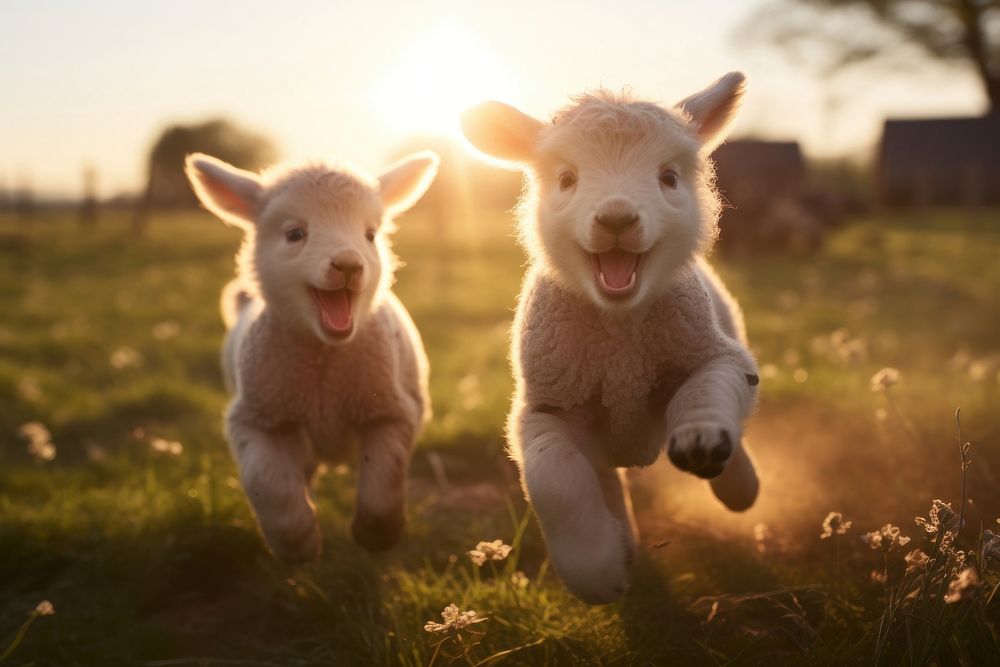 Lambs frolicking livestock outdoors mammal. AI generated Image by rawpixel.