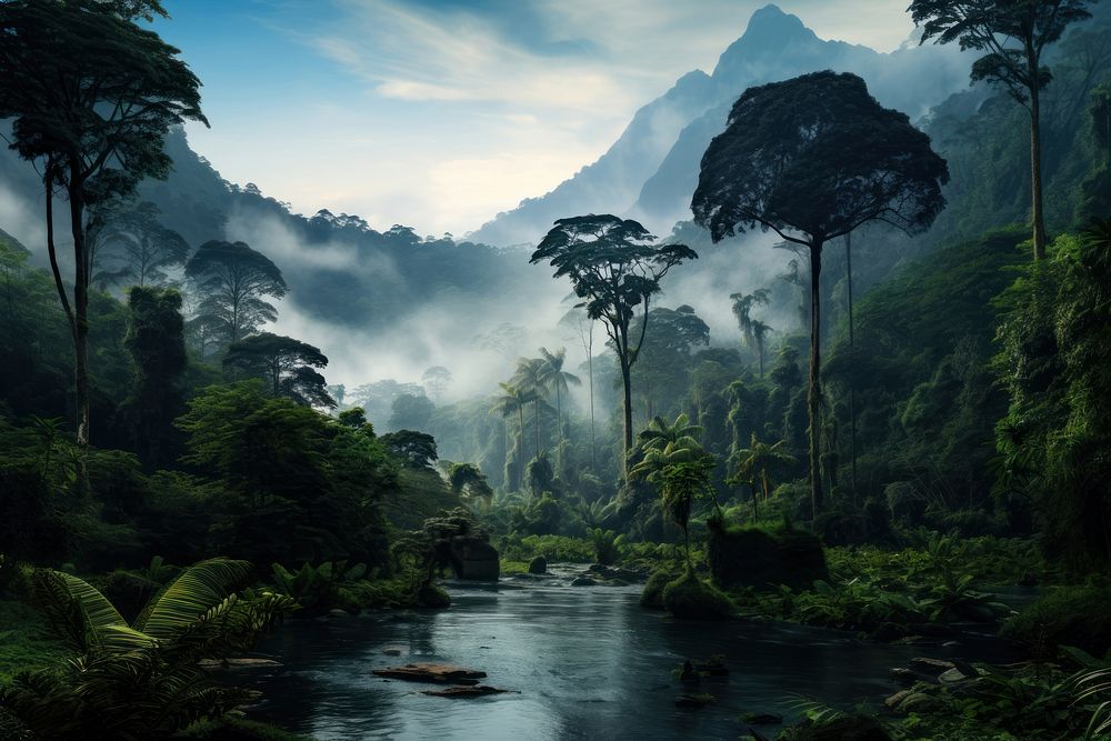 Rainforest landscape tree vegetation rainforest. AI generated Image by rawpixel.