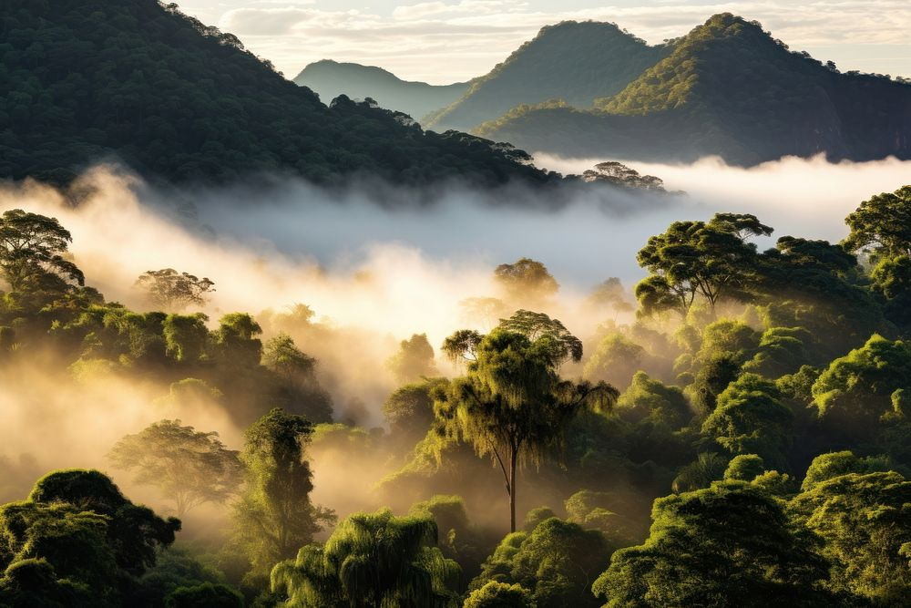 Rainforest landscape tree fog vegetation. AI generated Image by rawpixel.