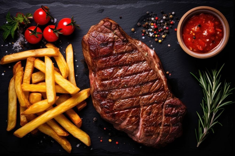 Striploin beef steak ketchup grilled meat. AI generated Image by rawpixel.