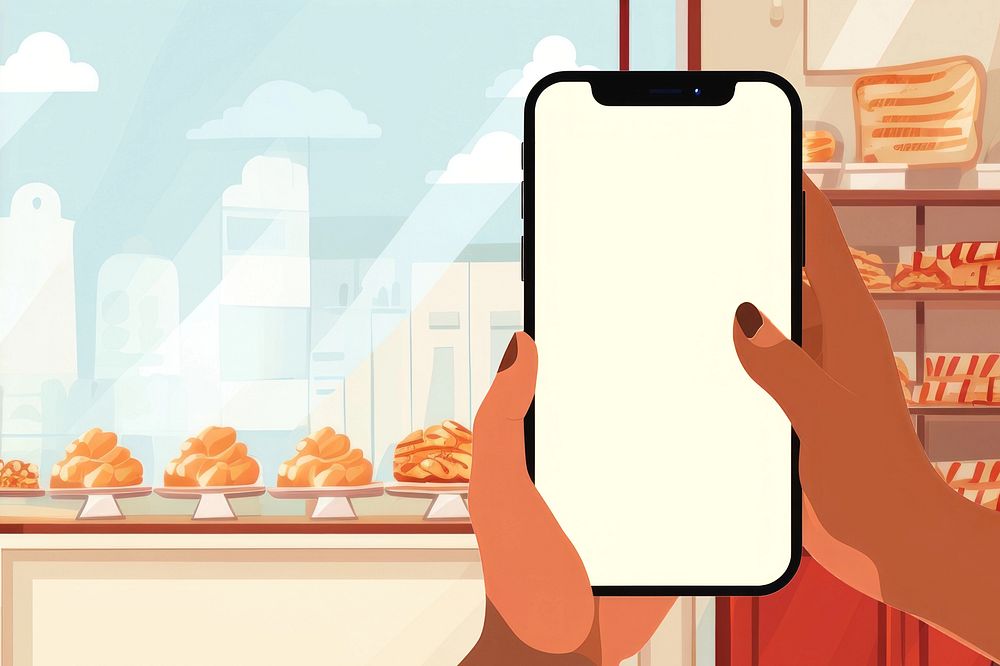 Blank smartphone screen, bakery shop, aesthetic illustration remix