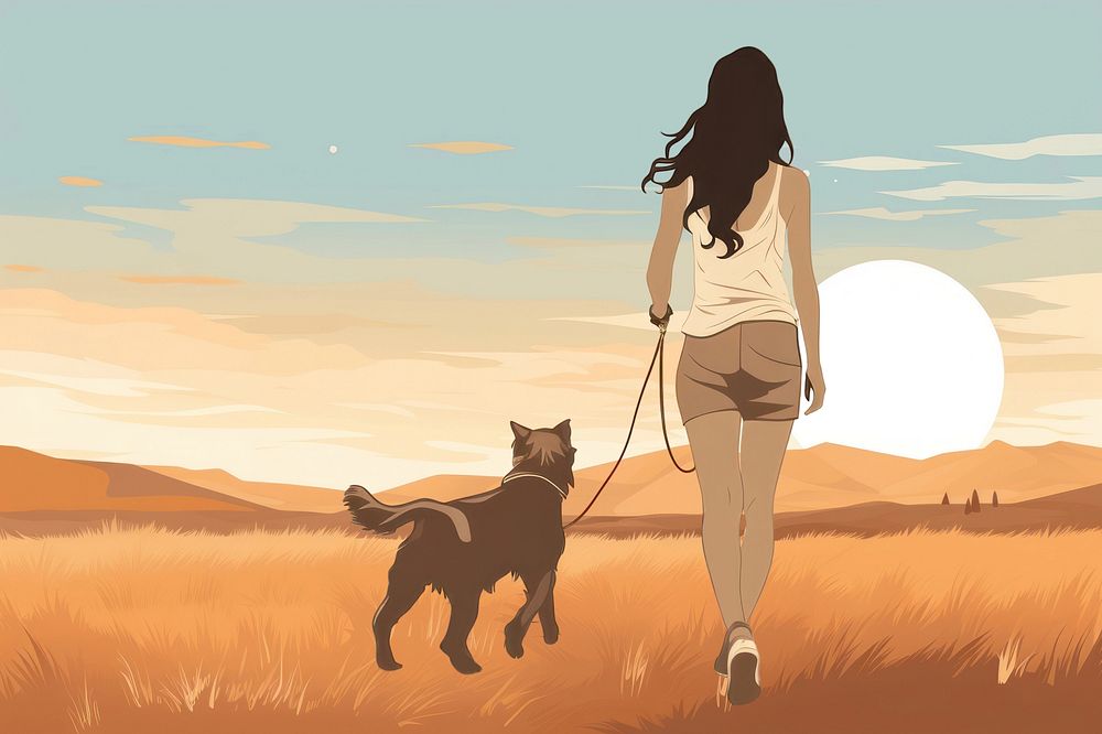 Woman walking dog, aesthetic illustration remix
