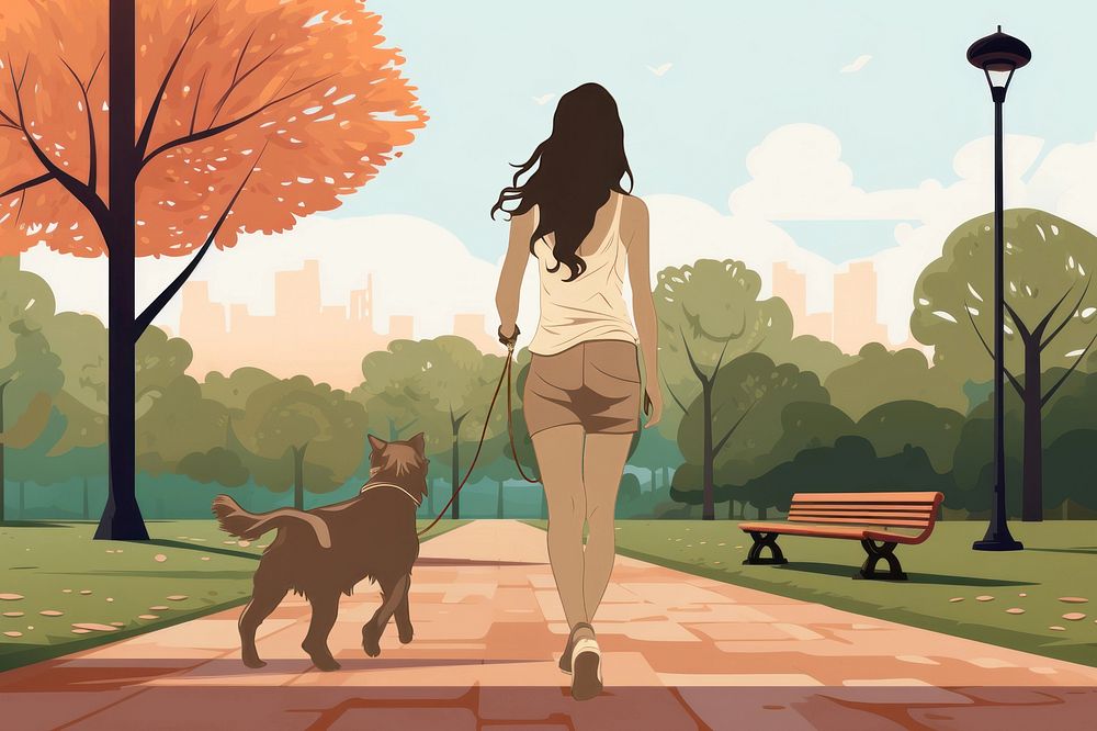 Woman walking dog, aesthetic illustration remix