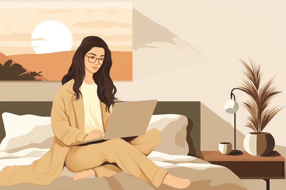 Woman working at home, aesthetic illustration remix