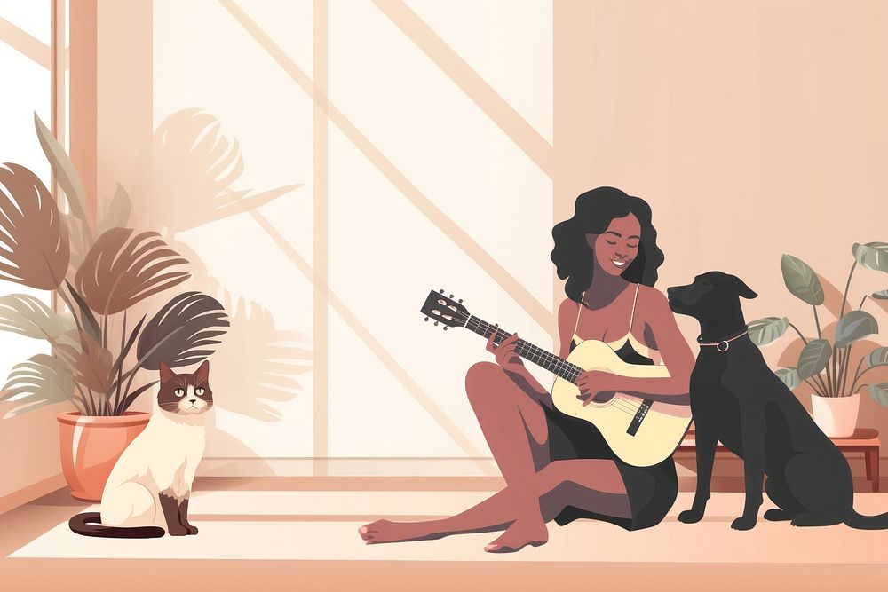 Woman playing guitar with pets, aesthetic illustration remix