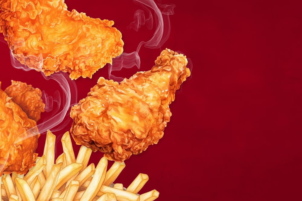 Fries & fried chickens background, food digital art