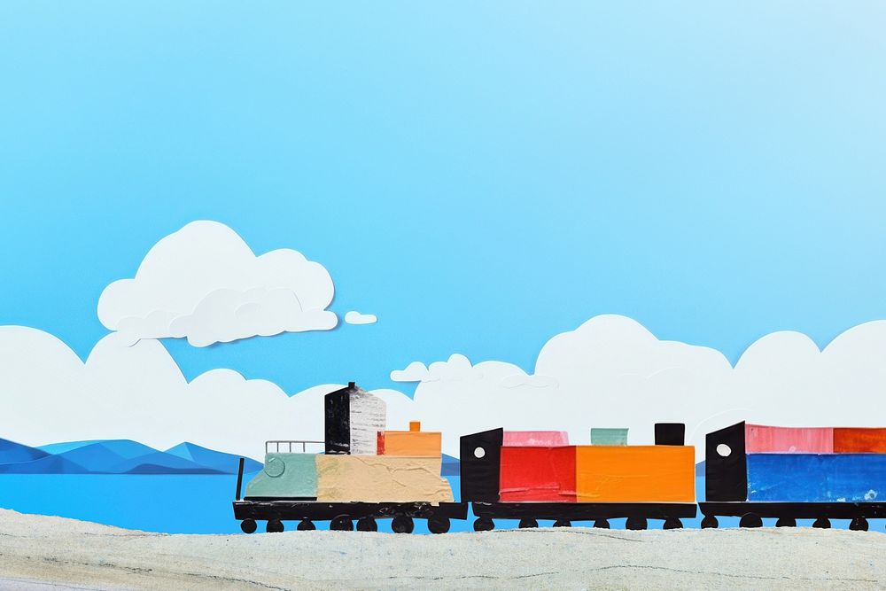 Colorful train landscape background, creative paper craft collage