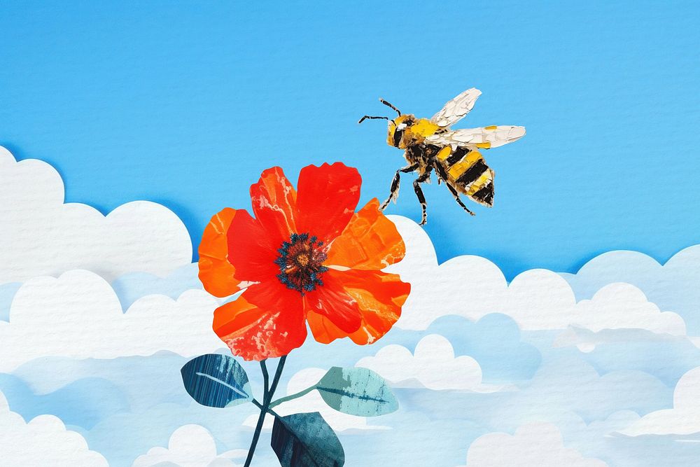 Bee on flower, nature, creative paper craft collage