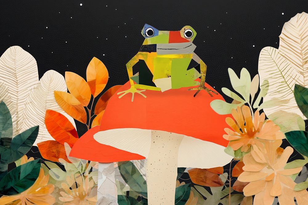 Cute frog & mushroom, creative paper craft collage