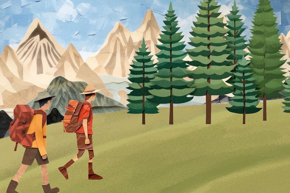 Backpackers in the forest backgrounds, creative paper craft collage