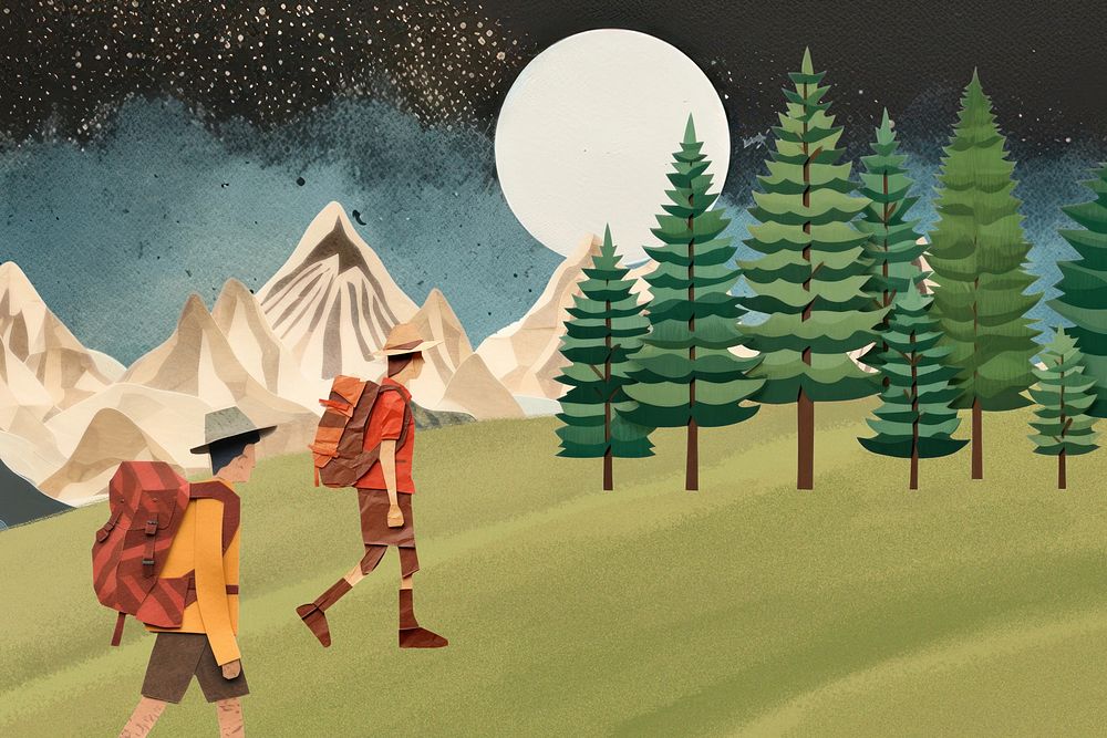 Backpackers in the forest backgrounds, creative paper craft collage