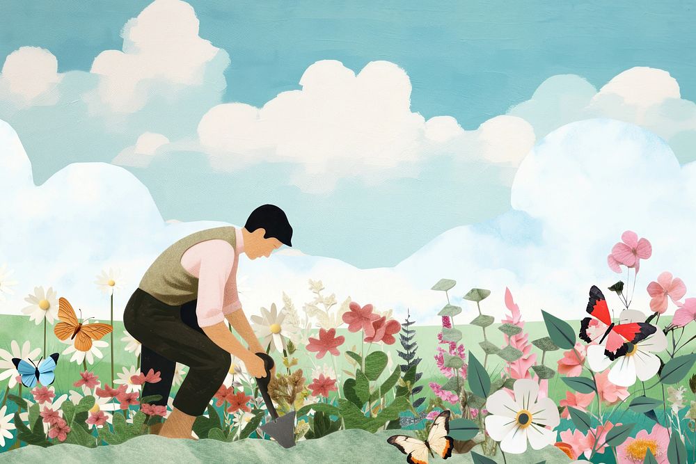 Gardener in flower field background, creative paper craft collage