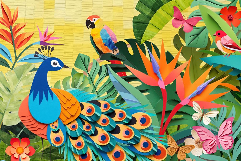 Exotic peacock bird in jungle, creative paper craft collage