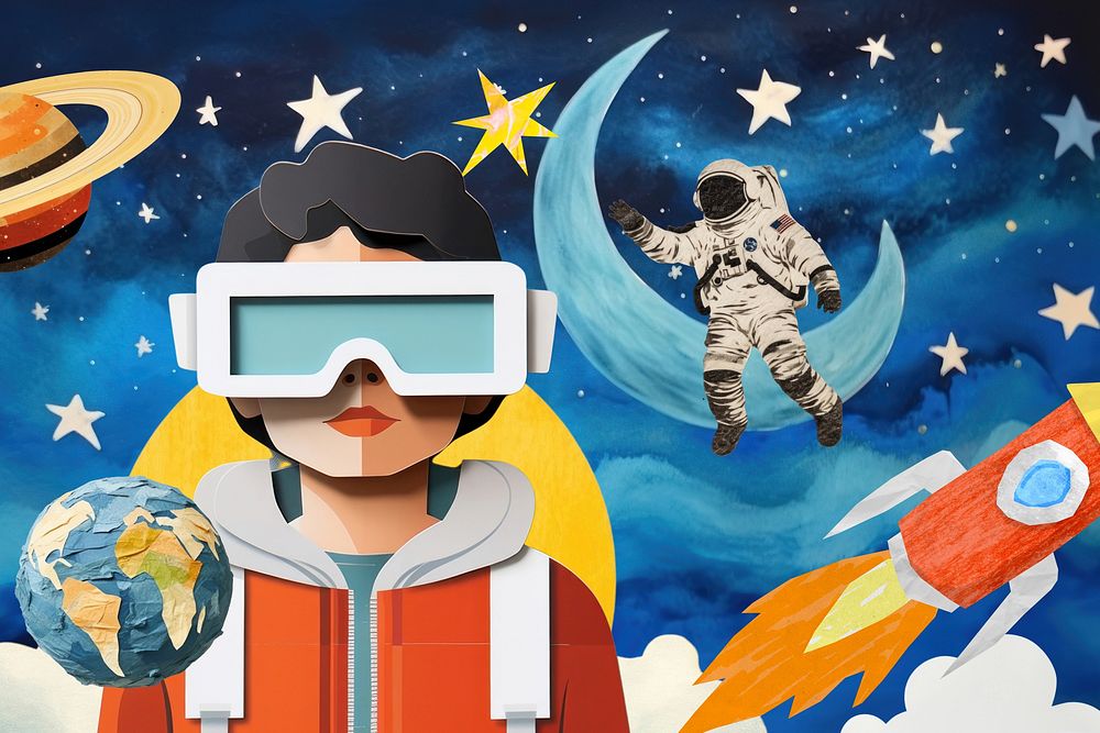 Person wearing VR, galaxy aesthetic, creative paper craft collage