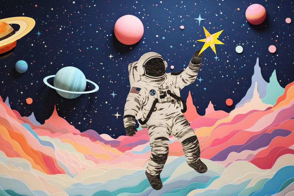 Astronaut floating in space, creative paper craft collage