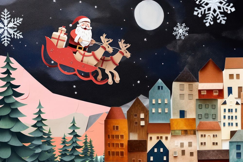 Santa Claus sleigh, Christmas night, creative paper craft collage