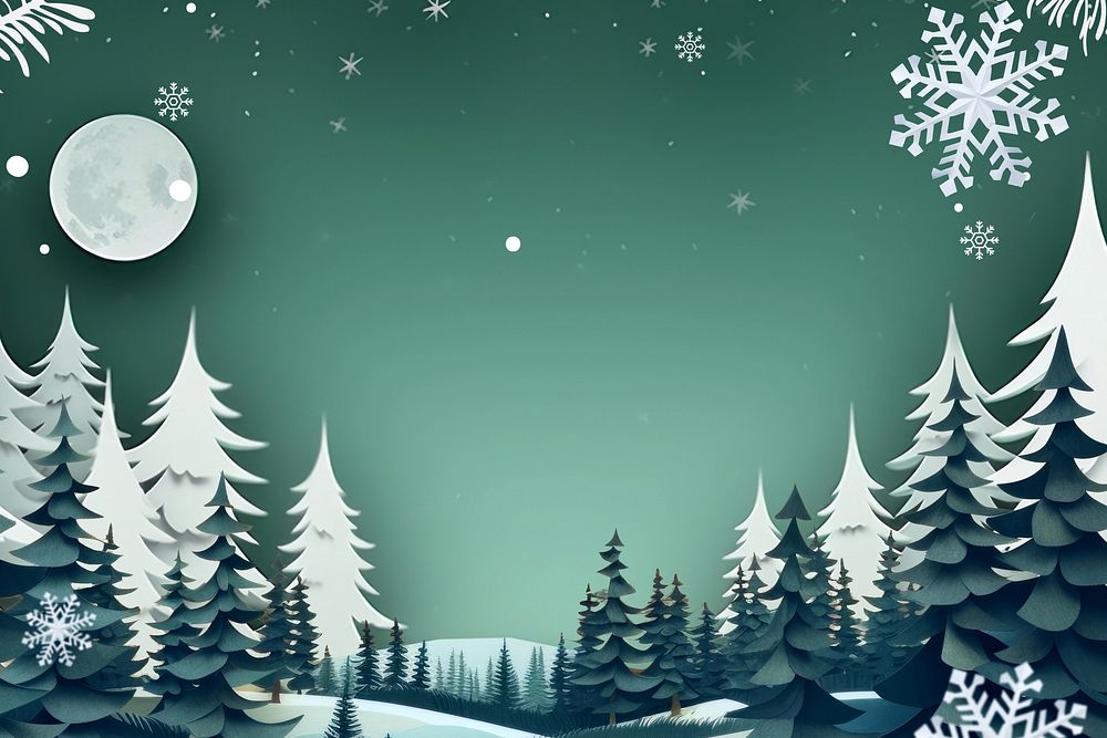 Snowy pine forest background night, landscape, creative paper craft collage