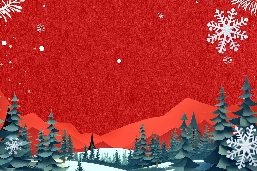 Red pine forest background, Christmas landscape, creative paper craft collage