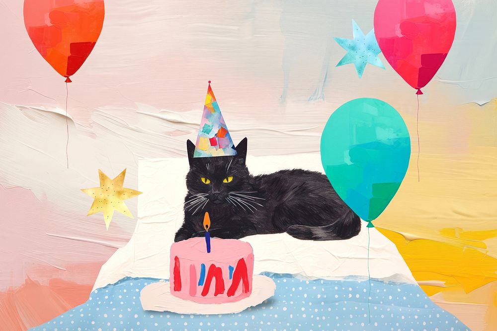 Cute cat, birthday celebration, creative paper craft collage