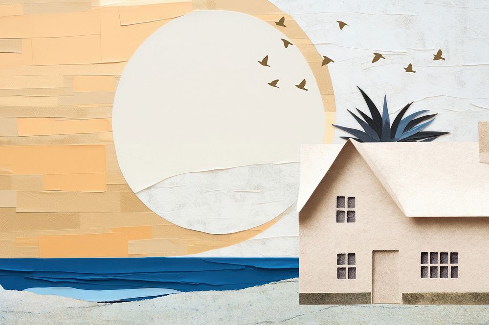 House by the sea background, creative paper craft collage